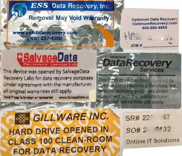 Data recovery stickers from failed cases, highlighting Data Recovery Group's success.